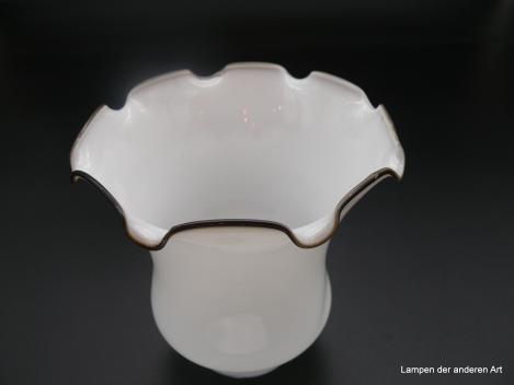 Jugendstil Lampenschirm gebraucht, Lampenglocke opal mit aufgeschmolzenem braunem Glasrand, achtfach aufgebogen, Ersatzglas D: 15,5cm, H: 16cm, Griffrand 8cm von unten