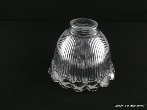 Jugendstil Lampenschirm gebraucht, Pressglas, senkrecht gerillte Wandung, Abschlusskante aneinandergereihte glatte Medaillons, Nostalgie Ersatzschirm D: 15cm, H: 11cm, Glashalter Griffrand 6cm