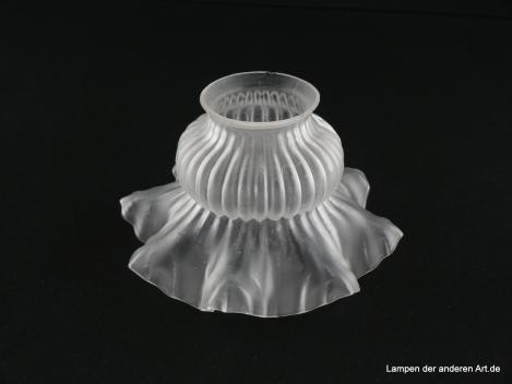 2-er Set Jugendstil Lampenschirm, Pärchen, gebraucht, Glas grau satiniert, stilisierte Blüte, zwiebelförmig eingeschnürte obere Wandungszone, waagerecht abstehender gekniffener Abschlussrand, Nostalgie Ersatzglas, einzeln