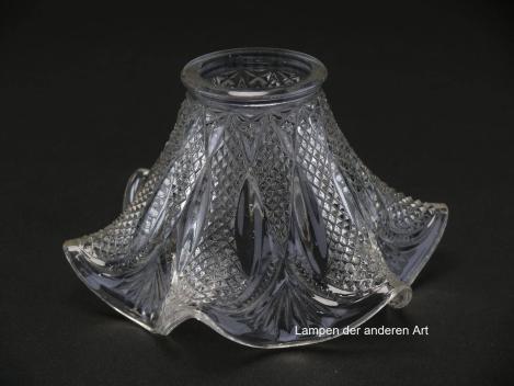 antiker Jugendstil Lampenschirm gebraucht, Pressglas klar, ausgestellte reliefierte Wandung, geschwungener Abschlussrand, Ersatzglas D: ca.16cm, H: ca.9cm, Griffrand 6cm
