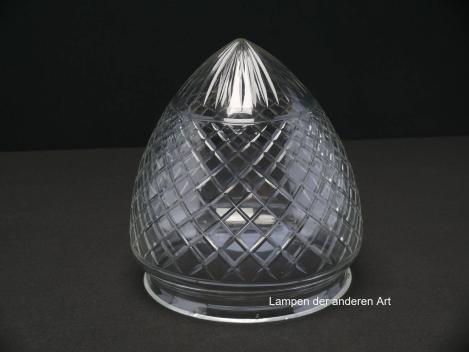 antiker Jugendstil Lampenschirm gebraucht, Klarglas, Zapfenform spitz zulaufend, in die Oberfläche geschliffene Quadrate und Strahlen zur Lichtbrechung - diese geben dem Glas seinen Glanz, Nostalgie Ersatzglas D: ca.16cm, H: ca.18cm, Griffrand 15cm