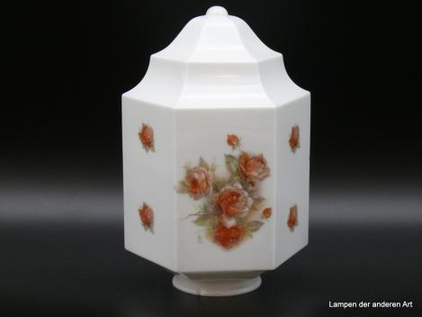 Jugendstil Lampenschirm gebraucht opal weiß mit Rosendekor, D: 16cm H: 24cm, Griffrand 8cm