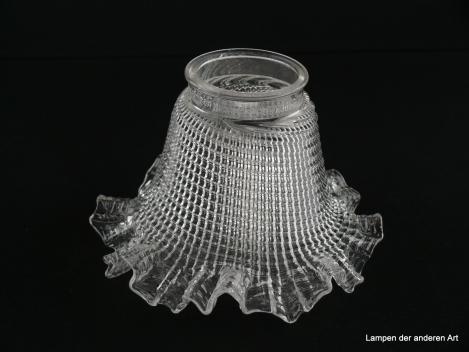 2-er Set Lampenschirm gebraucht, Klarglas, profilierte Wandung, in Falten gelegter aufgezogener Abschlussrand, Nostalgie Ersatzglas, D: ca. 17cm, H: ca.12cm, Glashalter Griffrand gemessen 6,8cm