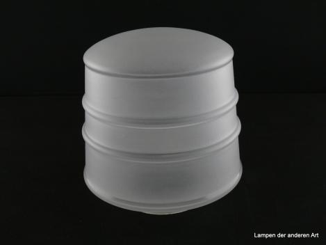 Art Deco Lampenschirm gebraucht, Glas satiniert grau, Form einer Tonne, abgerundeter Schirmabschluss, Wandung mittig durch zwei aufgeworfene Ringe strukturiert, Nostalgie Ersatzglas, Ersatzschirm D: ca.17cm, H: ca.18cm, Glashalter Griffrand 10cm