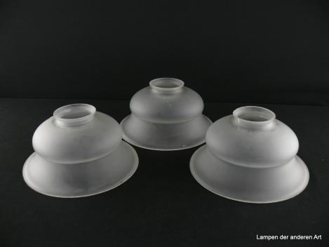 3-er Set Jugendstil Lampenschirme gebraucht, Glas satiniert grau, mittig eingeschnürte Glockenform