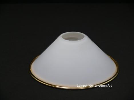 Preview: 3-er Set Lampenschirm gebraucht, Kegelform, opal weiß, Oberfläche satiniert, Metallrand goldfarben, Nostalgie Ersatzglas, D: ca.18cm, H: ca.7cm, Achtung kein Glashalter, Loch Øca.40mm, einzeln