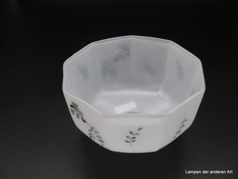 Jugendstil Lampenschirm, Glas weiß opal, handgemaltes Dekor, Naturmotive Zweige und Vogel mit Zweig, Ersatzglas, D: 18cm H: 11cm Griffrand : 6cm von innen