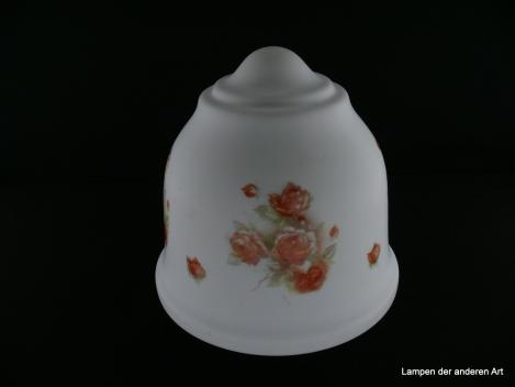 Jugendstil Lampenschirm gebraucht, Glas opal weiß, Mitte Wandung Dekor kleine und größere Rosen mit Blattwerk umlaufend, kleine halbrunde Kuppe am Abschluss des sich verjüngenden Nostalgie Ersatzschirmes D: 21cm, H: 24cm, Glashalter Griffrand 10cm