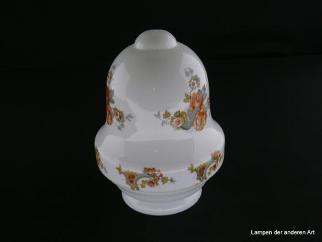 Jugendstil Lampenschirm gebraucht, Glas opal weiß, Balusterform, Dekor Blumen und Blattwerk, Nostalgie Ersatzglas, D: ca. 12cm H: ca.17cm, Glashalter Griffrand 8cm
