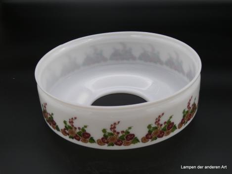 Jugendstil Lampenschirm gebraucht, gemarkt Autosit Schott&Gen. Jena, opal weißer kurzer Glaszylinder, dessen Wandung von Blumen und Blattwerk geschmückt ist, Rand für Perlbehang, Nostalgieglas D: 25cm, H: 9cm, ohne Griffrand, Loch innen ca.10,3cm, unten
