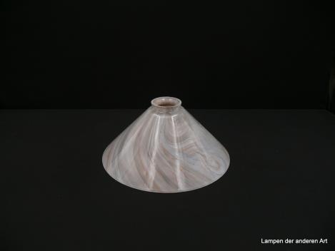 Jugendstil Kegelschirm gebraucht, glattwandiger Glaskörper, graue und braune Venen auf weiß durchscheinendem Grund, D: 25cm, H: 12cm, Griffrand 6cm