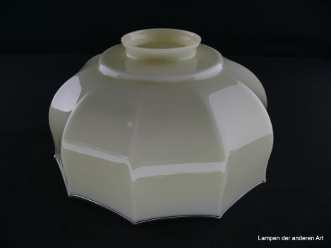 alter Lampenschirm im Jugendstil aus Glas, gebraucht, in hellem Gelb, gekniffene Kanten, Ersatzglas D: ca. 25cm, H: ca. 13cm, Nostalgieglas, Glashalter Griffrand 8cm