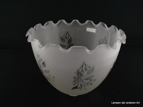 Preview: großer Jugendstil Lampenschirm gebraucht, Glas satiniert, Ätzdekor floral umlaufend, gleichmäßig gewellter unterer Rand, Nostalgie Ersatzglas, D: ca. 25cm, H: ca.19cm, Glashalter Griffrand 6cm, von unten