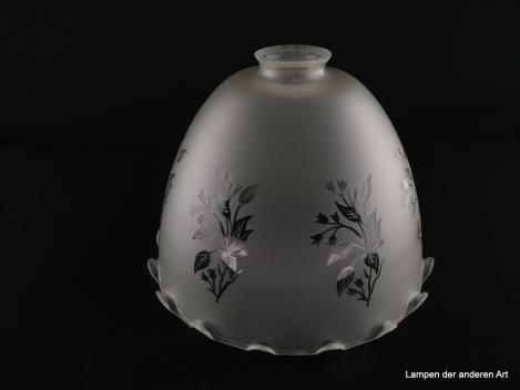 großer Jugendstil Lampenschirm gebraucht, Glas satiniert, Ätzdekor floral umlaufend, gleichmäßig gewellter unterer Rand, Nostalgie Ersatzglas, D: ca. 25cm, H: ca.19cm, Glashalter Griffrand 6cm