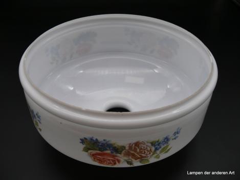 Jugendstil Lampenschirm gebraucht, Glas opal weiß mit Nostalgie Dekor Rosen und Veilchen als Blumenbukett, Ersatzglas D: 25cm H: 12cm, Griffrand 6cm von unten