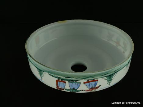 Jugendstil Lampenschirm gebraucht, Glas weiß opaler Grund, umlaufend bemalt, Bauernmalerei, verschiedene Motive, mit Perlfransenrand, Nostalgie Ersatzglas, D: ca. 26cm, H: ca.10cm, Glashalter Griffrand 6cm, von unten