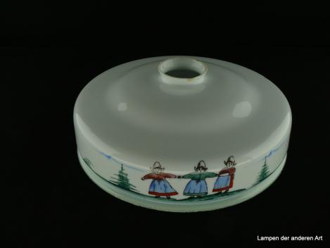 Jugendstil Lampenschirm gebraucht, Glas weiß opaler Grund, umlaufend bemalt, Bauernmalerei, verschiedene Motive, mit Perlfransenrand, Nostalgie Ersatzglas, D: ca. 26cm, H: ca.10cm, Glashalter Griffrand 6cm