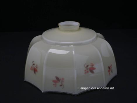 antiker Jugendstil Lampenschirm gebraucht, orange-braunes Dekor floral, elfenbeinfarbener Grund, gekantete Wandung, Nostalgie Ersatzschirm D: ca.26cm, H: ca.14cm, Glashalter Griffrand 6cm