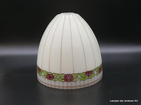 Jugendstil Lampenschirm gebraucht mit Blumenmotiv handbemalt, umlaufendes Band mit Blumenranke, Art Deco, D: 27cm, H: 25cm, Loch 45mm