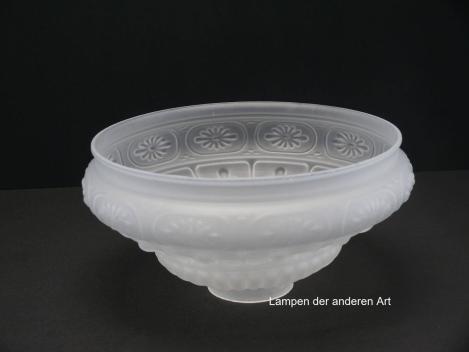 Preview: Jugendstil Lampenschirm gebraucht, getreppte Wandung, je Stufe mit verschiedenen Ornamenten reliefiert, Nostalgie Ersatzglas D: ca.28cm, H: ca.14cm, Glashalter Griffrand 8cm, von unten