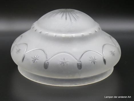 Alter Jugendstil Kuppelschirm mit Sternschliff, Kerbschliff, Olivenschliff, gebraucht, grau satiniert, Griffrand 25cm, D= 28cm, Höhe 16cm