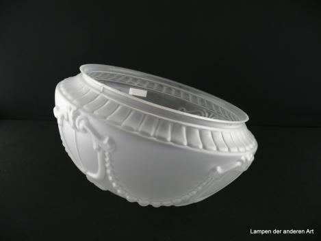 Jugendstil Lampenschirm gebraucht, Glas, satinierte Oberfläche, reliefiert verziert, teils mit Perlenbändern und ovalen Ornamenten, Kuppelschirm, Nostalgie Ersatzschirm D: 30cm, H: 18cm, Glashalter Griffrand 25cm, von unten