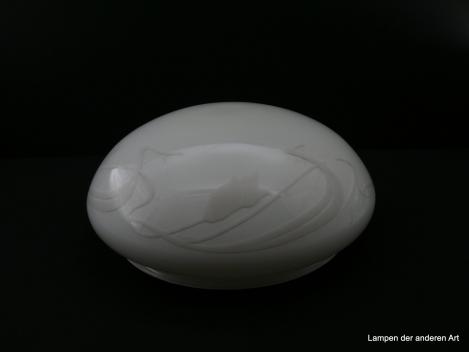 Jugendstil Lampenschirm gebraucht, alter originaler Pilzschirm, Glas opal weiß mit matt-weißer Jugendstilmalerei; Nostalgieglas D: 30cm, H: 13cm, Glashalter Griffrand 25cm