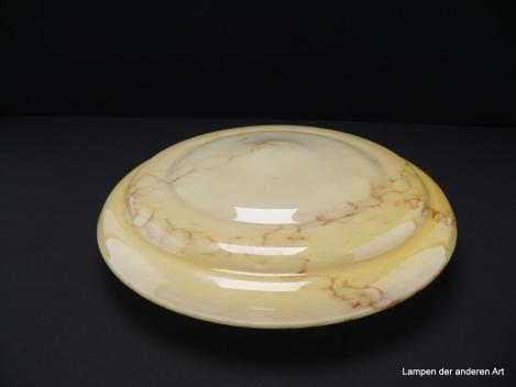 Art Deco Lampenschirm gebraucht, Glas, flache geschlossene Schale, getreppt, gelb-braun marmoriert, glatte glänzende Oberfläche, Nostalgie Ersatzglas D: ca.43cm, H: ca.13cm, ohne Glashalter Griffrand, Loch Öffnung ca. 27cm