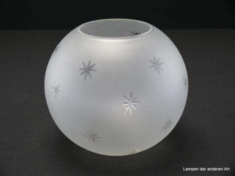 Art Deco Lampenschirm, gebraucht, Glas, gedrungene Kugel, satinierte Oberfläche, Wandung mit kleinen Sternen im Kerbschliff verziert, Nostalgie Ersatzglas, D: ca.17cm, H: ca.15cm, ohne Griffrand Glashalter, Loch ca. 54mm, von unten