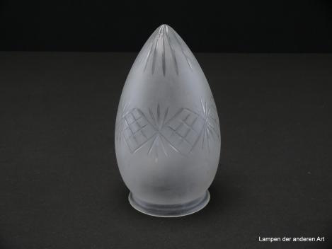 Jugendstil Lampenschirm gebraucht, 3-er Set, Zapfenform, Glas grau satiniert mit Schliffdekor, final Strahlen, umlaufend Rautenband, Nostalgieglas, Ersatzschirm, D:  ca.10cm, H: ca. 16cm, Glashalter Griffrand 8cm, einzeln stehend
