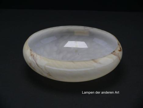 Preview: 5-er Set Art Deco Lampenschalen, gebraucht, hellgelb-braun marmoriertes Glas, innen weiß, farblich zueinander passend aber verschieden marmoriert, glatte Oberfläche, Nostalgie Ersatzglas für alte Lampen D: ca.20cm, H: ca.6,5cm, Loch 45mm, Innenseite