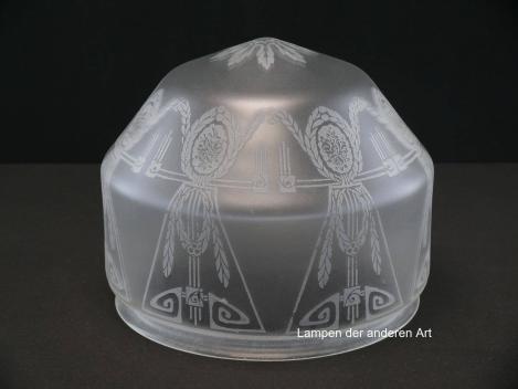 Jugendstil Lampenschirm gebraucht, schüsselförmiges Kuppelglas, kantige Wandung, umlaufend mit geätzten Motiven verziert, Nostalgie Ersatzglas, D: ca.21cm, H: ca.16cm, Glashalter Griffrand Ø20cm