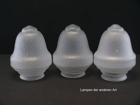 3-er Set Jugendstil Lampenschirm gebraucht, Glas grau satiniert, genarbte Oberflächenstruktur, Zapfenform teils geschnürte Wandung, Nostalgie Ersatzglas, D: ca.13cm, H: ca.16cm, Glashalter Griffrand Ø8cm