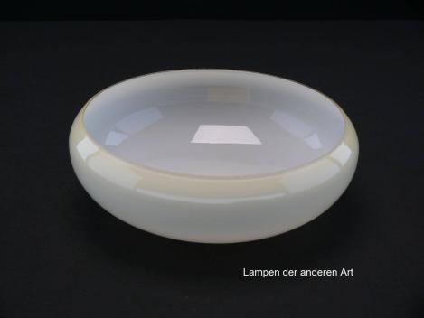 3-er Set Art Deco Lampenschale gebraucht, Glas, hellgelb außen, weiß innen, glatte glänzende Oberfläche, Nostalgie Ersatzglas, D: ca.19,5cm, H: ca.7cm, ohne Glashalter Griffrand, Loch  Ø45mm, einzeln von innen