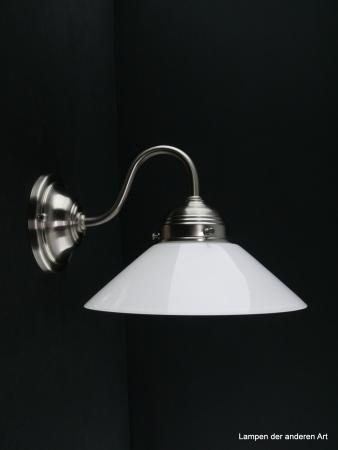 Schlichte Art Deco Wandleuchte Messing matt vernickelt, mit flachem weißem Schirm 1xE27/40W, Spiegel-Badlampe
