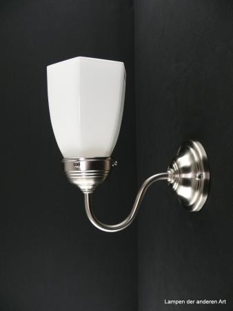 Schlichte Art Deco Wandleuchte Messing matt vernickelt, mit fassettiertem weißem Glockenschirm 1xE27/40W, Spiegel-Badlampe
