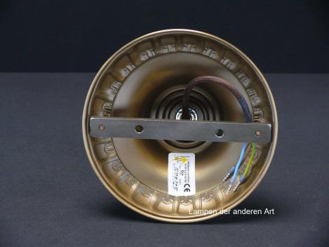Jugendstil-Deckenlampenspot, Messing patiniert, originale E27-Messingfassung, becherförmige Kapsel als Blütenkelch, Glühlampe stellt die Blüte dar, von unten