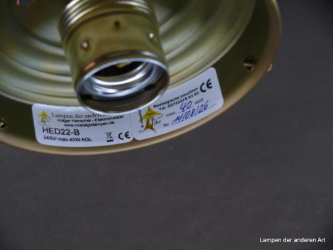 tolle Jugendstil Deckenleuchte für Gläser mit Glashalter Griffrand Ø12,5cm, Sockel mit schlichtem Perlstabfries verziert, Metallfassung 1xE27/40W, Typenschild