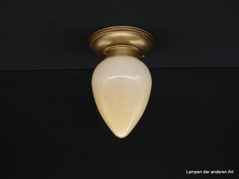 Kleine Jugendstil Deckenleuchte aus Messing hell patiniert mit elfenbeinfarbenem Zapfenschirm Griffrand 8cm 1xE27/40W