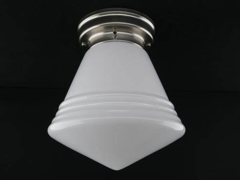 Art Deco-Deckenleuchte aus Messing matt vernickelt mit großem Spitzzylinder Schirm in weiß Griffrand 8cm 1xE27/40W