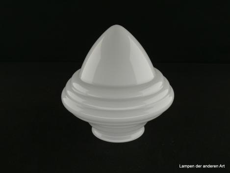 Jugendstil Lampenschirm, verzierter Zapfenschirm, breite Schulter über drei Stufen spitz zulaufend, Glas weiß opal, D: ca. 27cm, H: ca. 30cm, Nostalgie Ersatzschirm, Glashalterand Griffrand 10cm