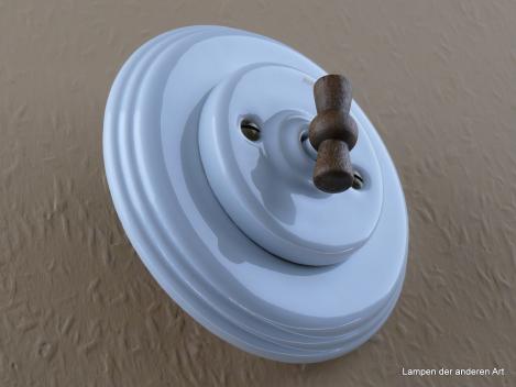 Garby Colonial Aus-Wechsel Porzellandrehschalter weiß im Einfachrahmen Porzellan weiß Knebel Holz Buche gealtert