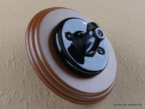 Garby Colonial Aus-Wechsel Porzellandrehschalter schwarz im Einfachrahmen Holz Buche honigfarben Knebel Retro schwarz