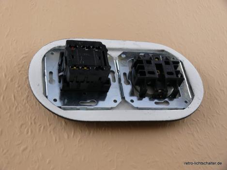 Preview: Garby Colonial 2fach Kombination   Aus-Wechsel-Porzellandrehschalter schwarz  Knebel Porzellan retro schwarz Steckdoseneinsatz Porzellan schwarz, von hinten