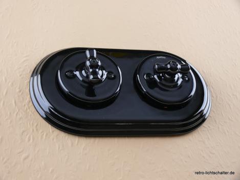 Preview: Garby Colonial 2fach Kombination, zwei Aus-Wechsel-Porzellandrehschalter schwarz,  Knebel Porzellan schwarz