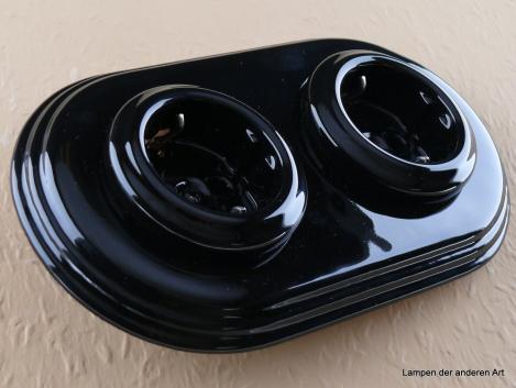 Garby Colonial 2fach Steckdose Porzellan schwarz, 2fach Rahmen Porzellan schwarz, seitlich