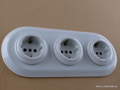 Preview: Garby Colonial 3fach Steckdose Porzellan weiß, 3fach Rahmen Porzellan weiß