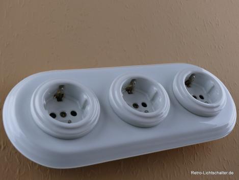 Garby Colonial 3fach Steckdose Porzellan weiß, 3fach Rahmen Porzellan weiß, seitlich