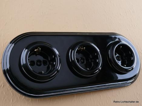 Garby Colonial 3fach Steckdose Porzellan schwarz, 3fach Rahmen Porzellan schwarz, seitlich