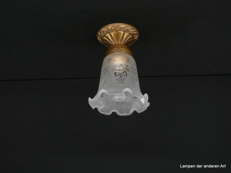 Jugendstil Deckenlampe mit Schirm in schlanker Blütenkelchform grau satiniert Ätzmotive Griff-Rand 6cm 1xE27/40W